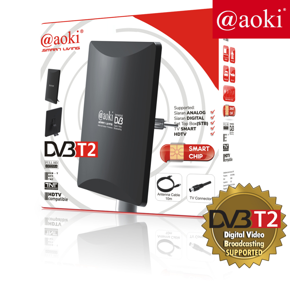 Aoki AT3000 Antena TV Tabung LED Digital Indoor Outdoor Super Jernih BONUS Kabel Antena 10 Meter