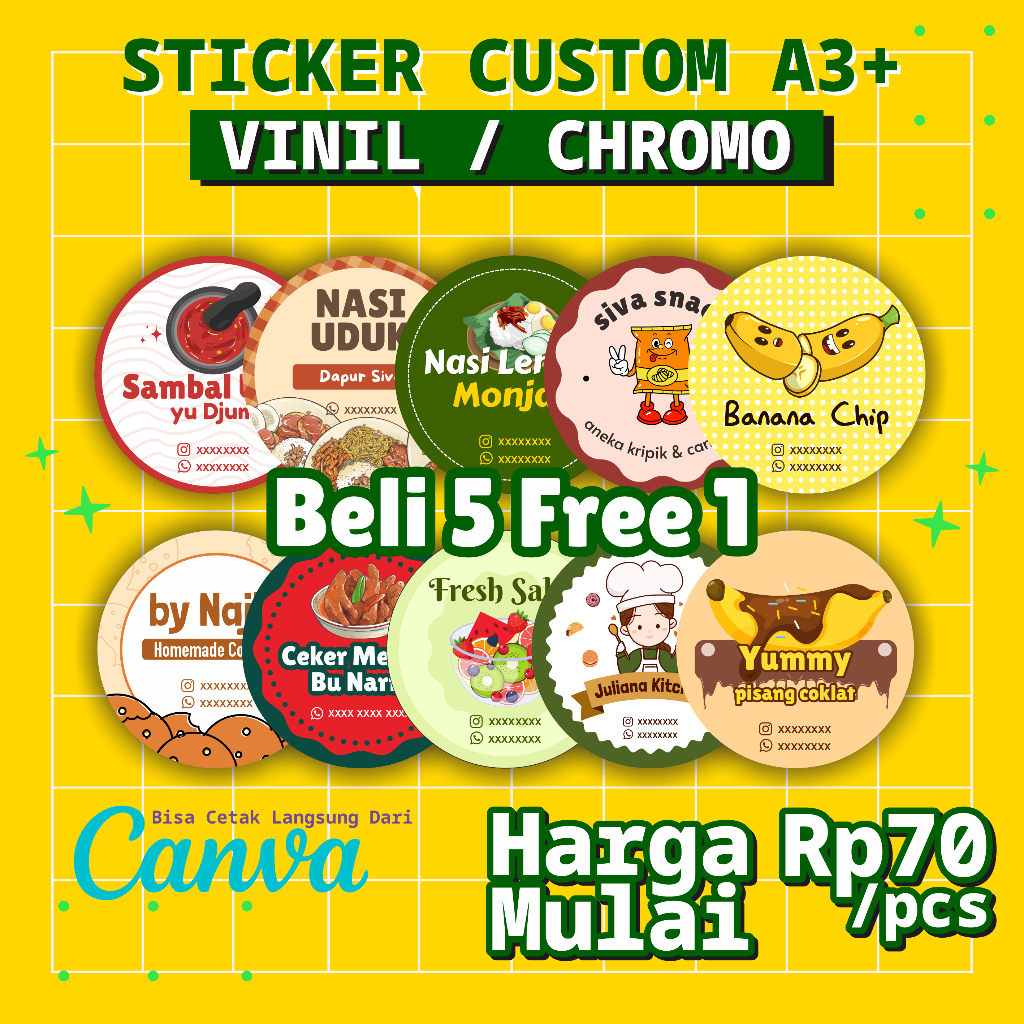 

Stiker A3+ Label Makanan Minuman Bahan Chromo Vinyl Gratis Potong Sesuai Pola