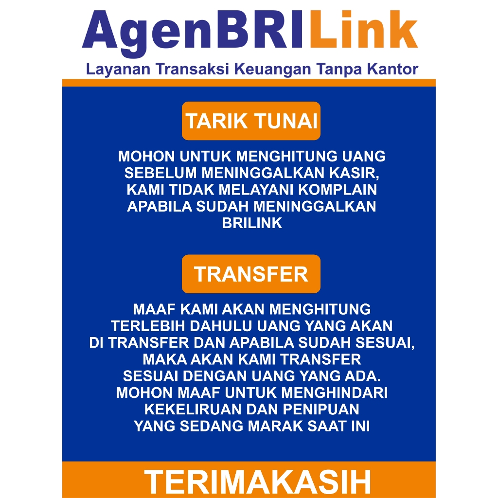 

STIKER WATERPROOF AGEN BRILINK / BRI LINK AGEN BCA BNI LIVIN MANDIRIPENGUMUMAN HITUNG UANG DI KASIR