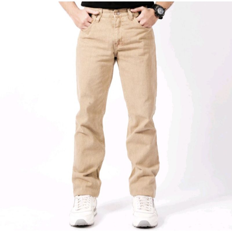 celana jeans pria cutting standard bahan tebel halus warna cream mocca hitam blue black cokelat.