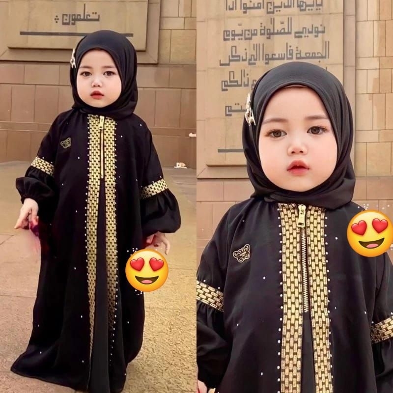 Banat Abaya Anak Ziper Renda Gold Exclusive Gamis Arab Saudi Hitam Bordir Turki Umroh Turkey