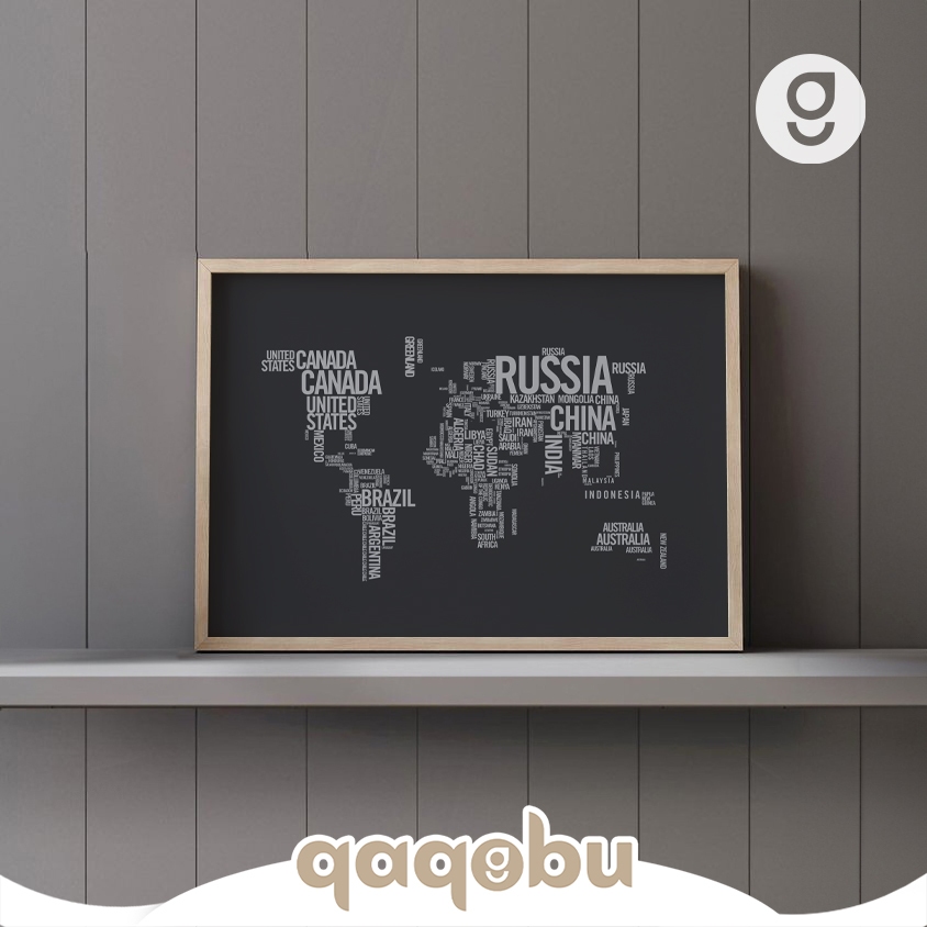 Bingkai Poster Peta Map Global Minimalis Aesthetic A3 Bingkai Jati Belanda