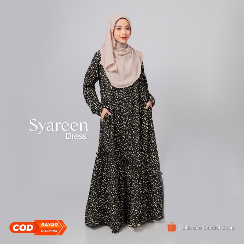 Jilbrave SYAREEN DRESS Model Korean Dengan Motif Bunga Kecil  Floral Dress  | Long Dress Lengan Panj