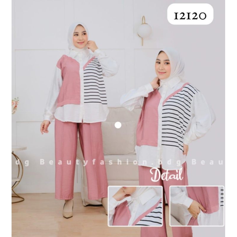 One Set - Oneset kemeja dan celana wanita Oneset kemeja rok motif setelan baju wanita