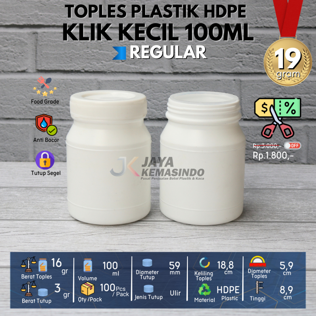 Toples plastik HDPE 100ml klik kecil tutup ulir