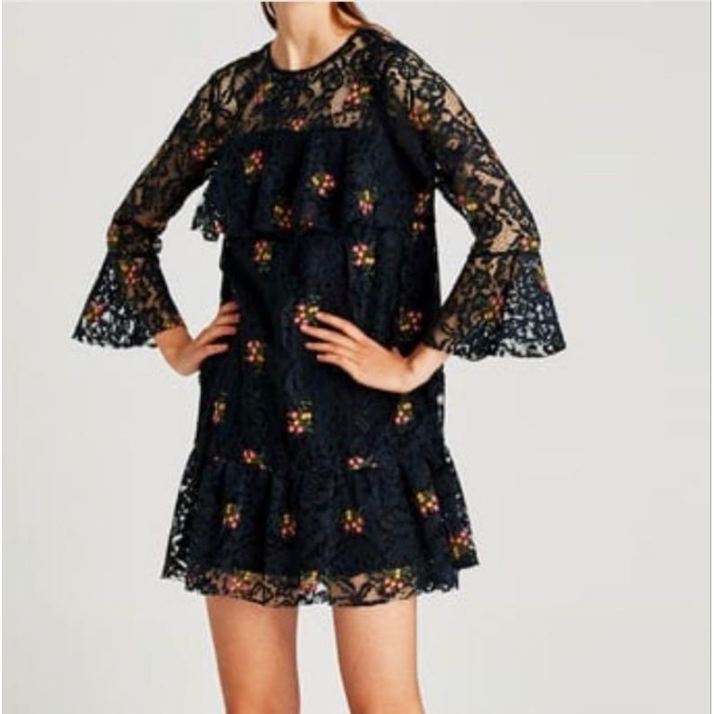 ZARA GREEN LACE EMBROIDERED DRESS / Dress Bordir Renda ZARA