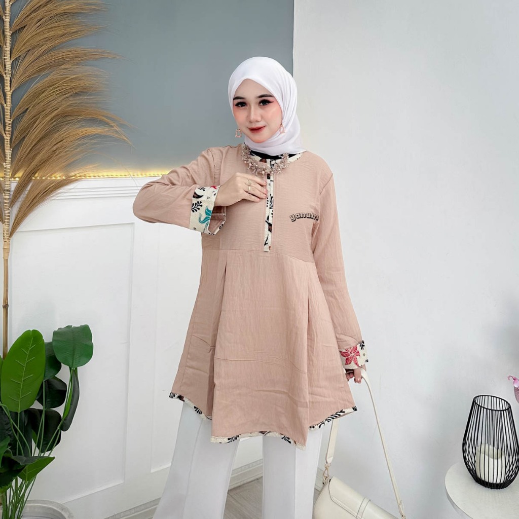 Pakaian cewek tunik model terbaru kain polo linen kombinasi batik kekinian