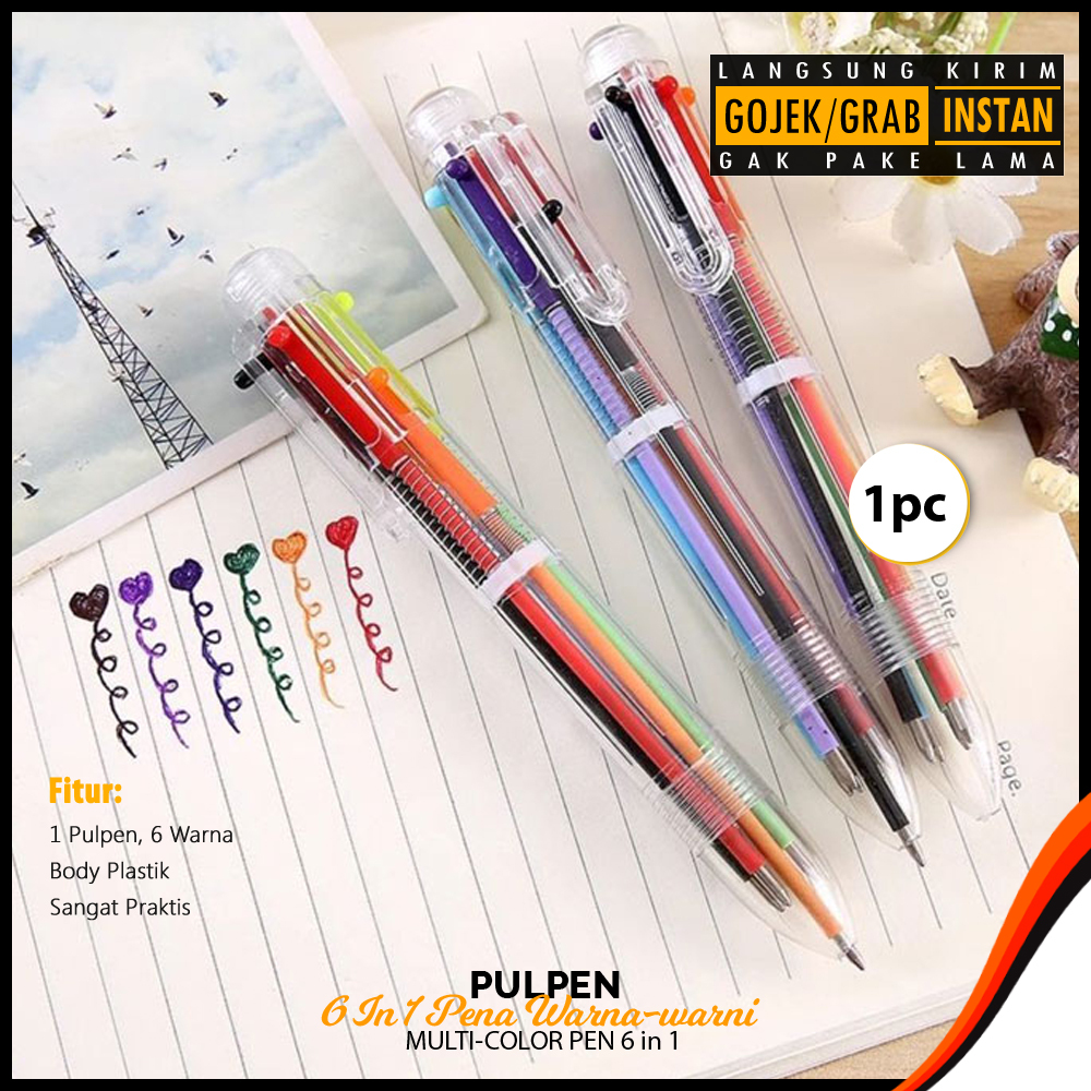 

Pulpen 6 in 1 Pena Bolpoin Warna-Warni Multi Colored Pen - Multi-Color