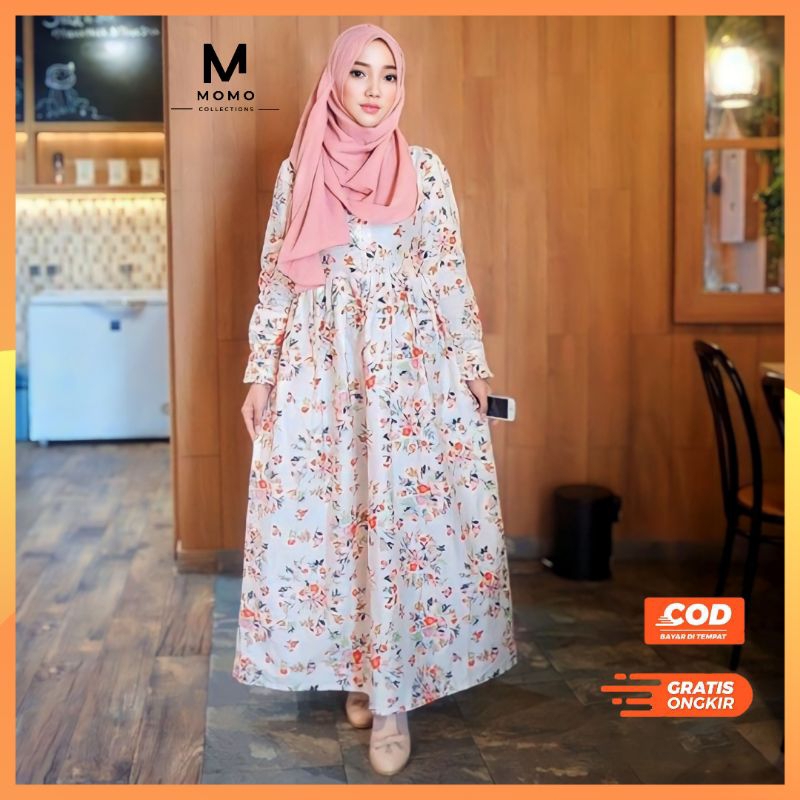 Long Dress Gamis Flora Midi Wanita Dewasa Katun Motif Bunga Premium