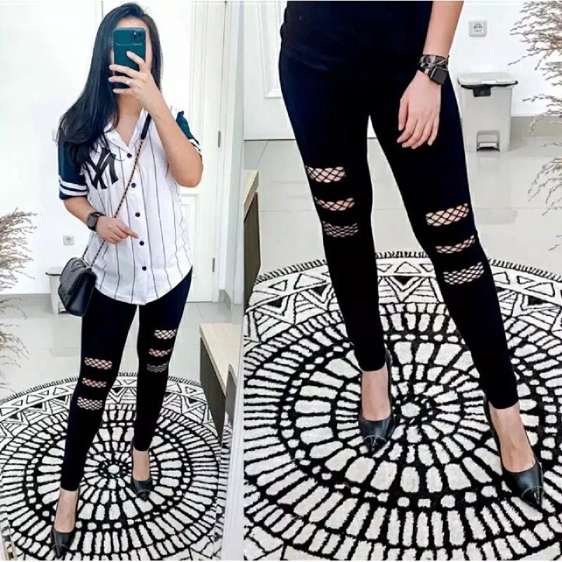celana legging jala sobek wanita highwaist import / lejing jala sobek import