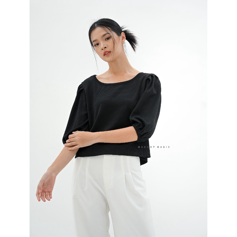 MASCOT Atasan Kaos Knit Wanita Tangan Balon Blouse Rib (M. 2410)