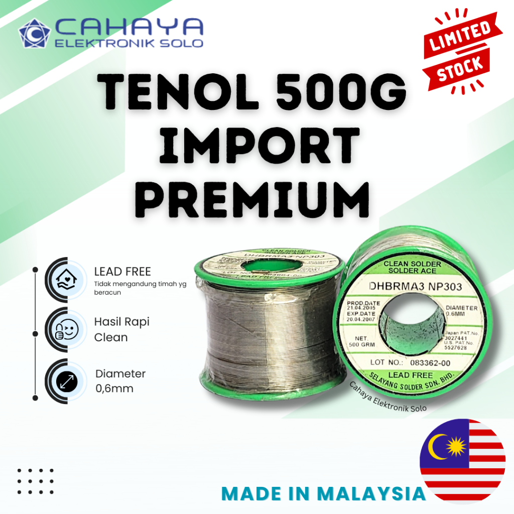 Tenol Import PREMIUM 500 Gram 1/2kg Malaysia Timah Lead Free Roll Clean Rapi Solder