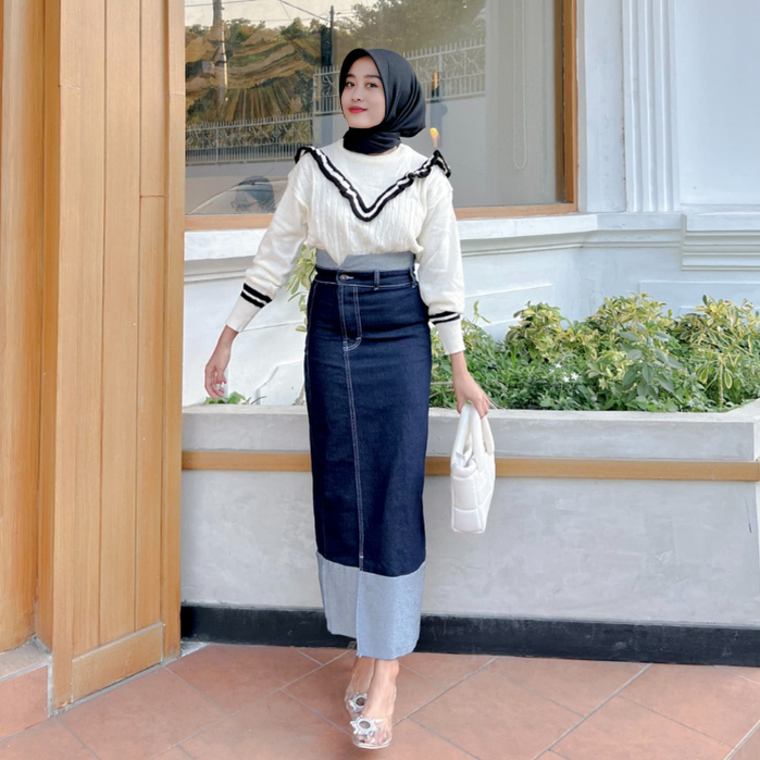 Two Tone Rok Skrit Jeans Highwaist Wanita Streach