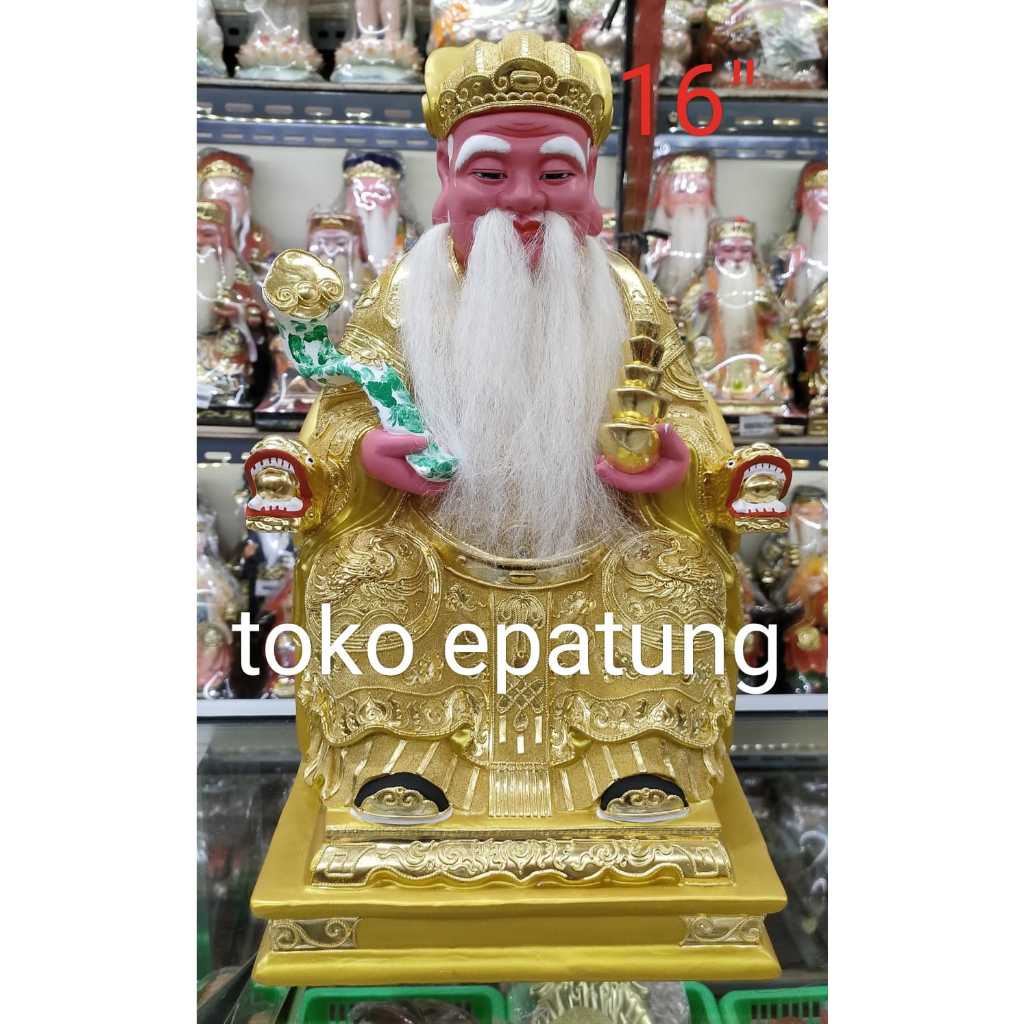 patung dewa bumi / ta pe kong / hok tek - kayu - 16 inch - ruyi - emas