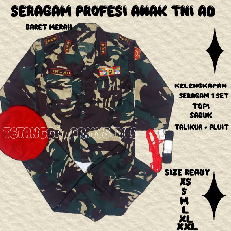 SERAGAM PROFESI ANAK TNI AD BARET MERAH / setelan baju anak / profesi anak tni ad
