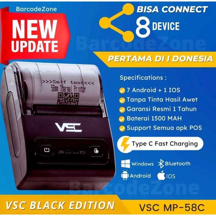 PRINTER BLUETOOTH THERMAL STRUK KASIR VSC MP-58C - HITAM - CETAK PDF ALAMAT SHOPEE GAMBAR