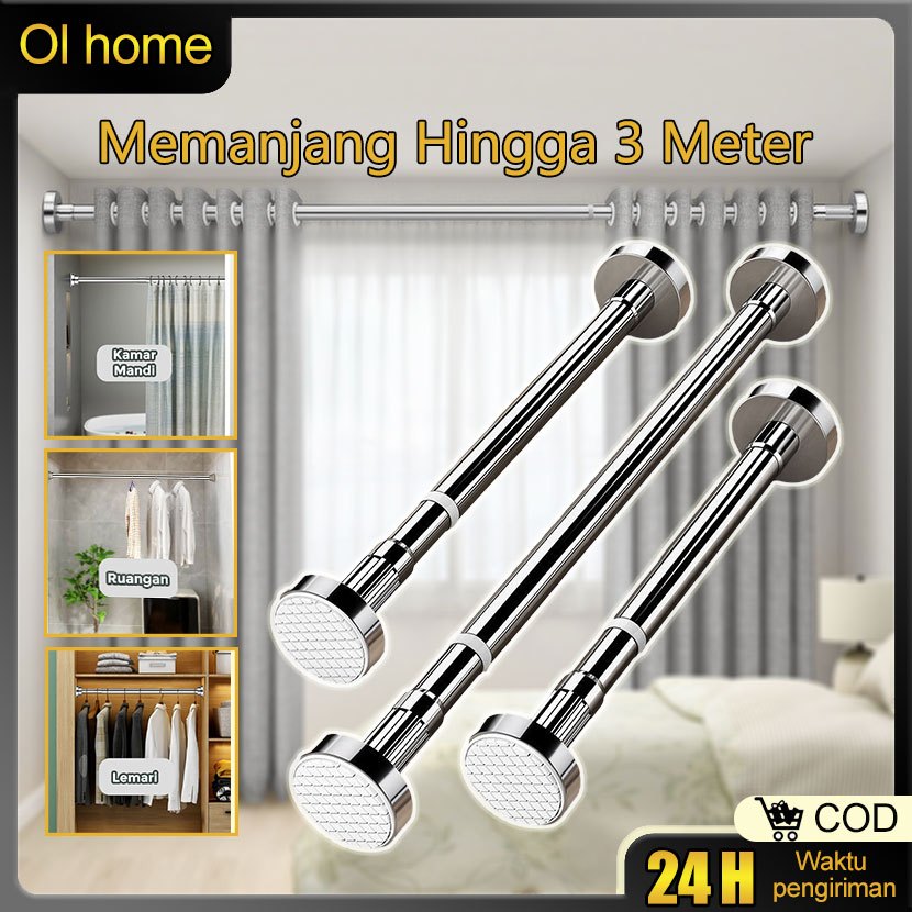 Tiang Gorden Batang Stainles Fleksibel Jemuran Baju Dinding Portable Tiang Hordeng Besi Gantungan
