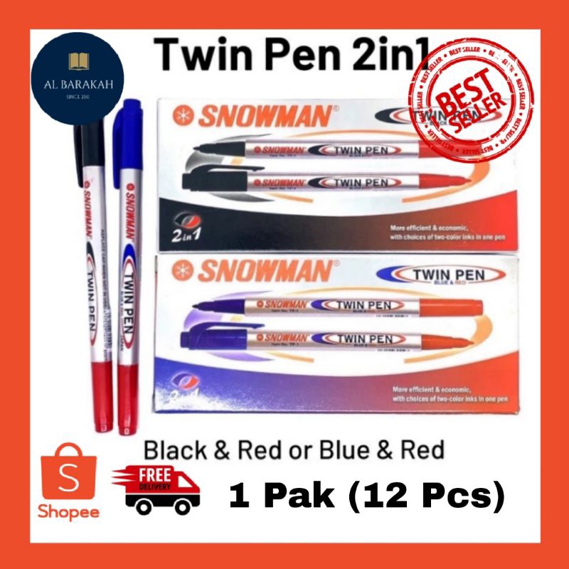 

1 Pak (12Pcs) !!! Spidol Snowman Twinpen Hitam Merah dan Biru Merah