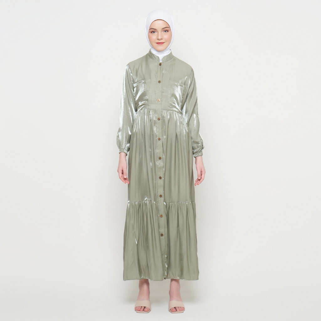 Gamis Wanita Pakaian Muslim Wanita Gamis Ruffle Warna Hijau Sage Kantong Dua SR270