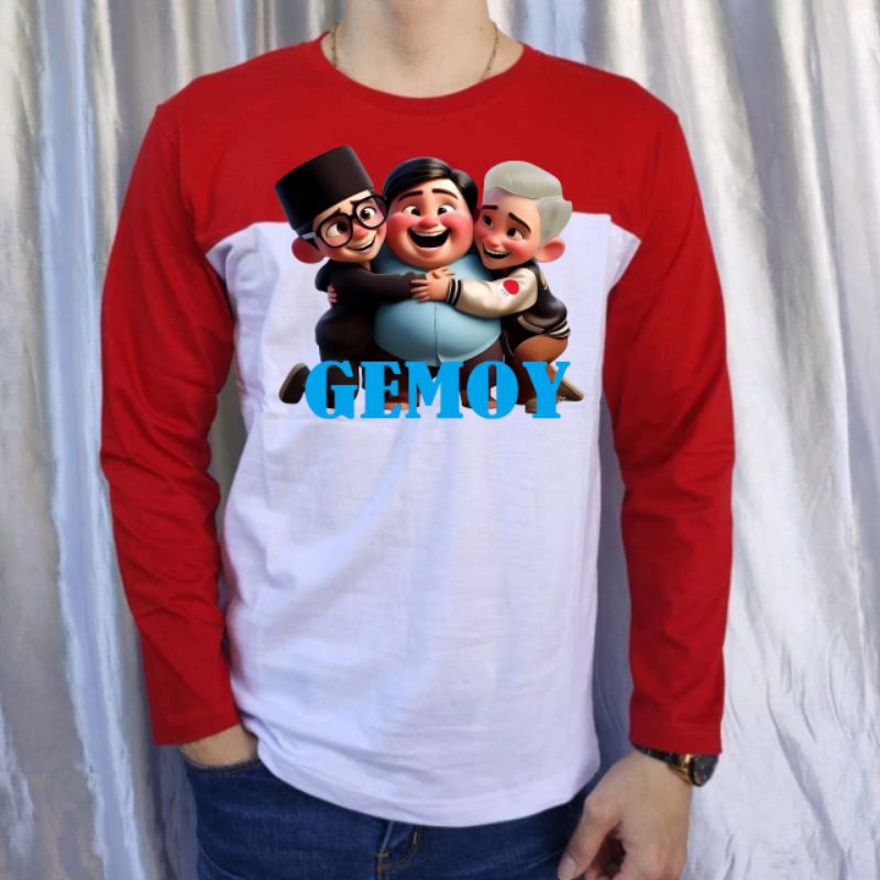 kaos distro kaos unisex lengan panjang merah putih gemoy tulisan biru gemoy ber 3
