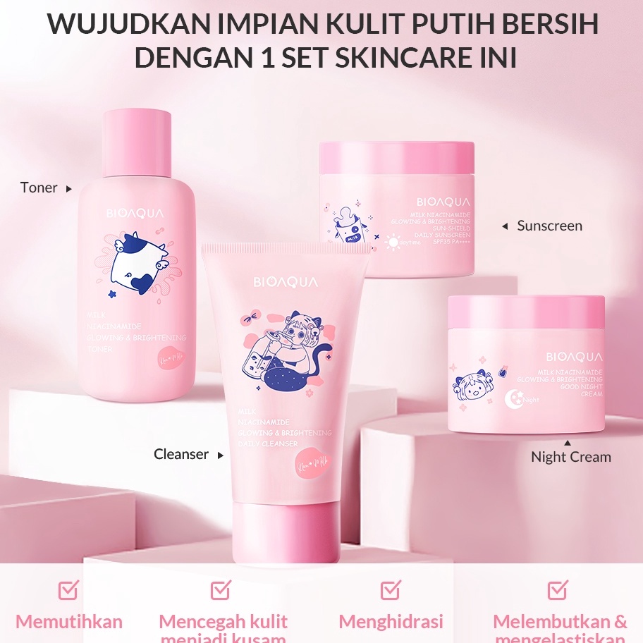 88 BIOAQUA 4pcs Skincare Paket Niacinamide Glowing  Brightening  Tea Tree Oligopeptide Acne Set With