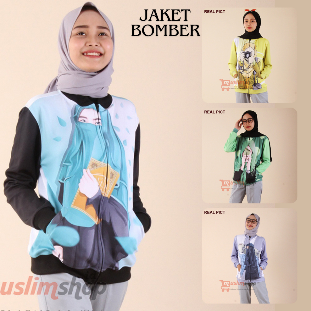 Jaket Bomber Wanita | jaket Bomber Wanita Kartun Muslim | Jaket Wanita | Jaket Bomber Wanita