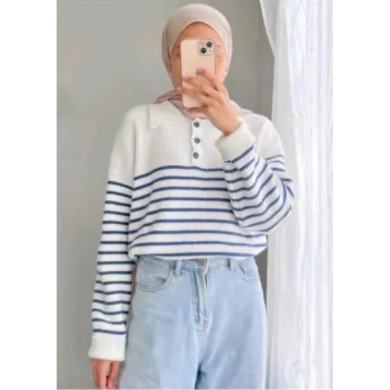 sweater rajut wanita Korean motif garis/Davina sweater rajut kancing depan