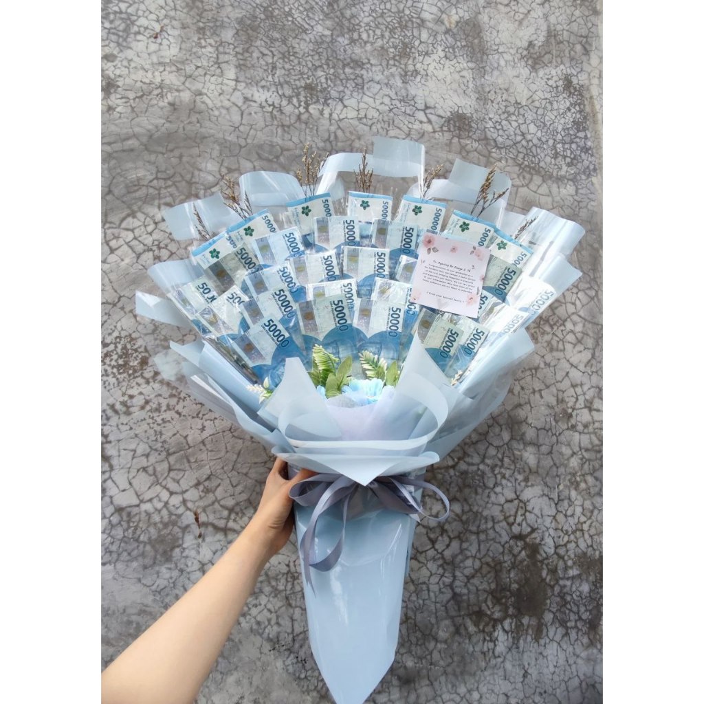 Buket Uang 50.000 30 Lembar / Money Bucket Biru / Buket Uang Vancyy Florist / Buket Uang Wisuda/ Buk