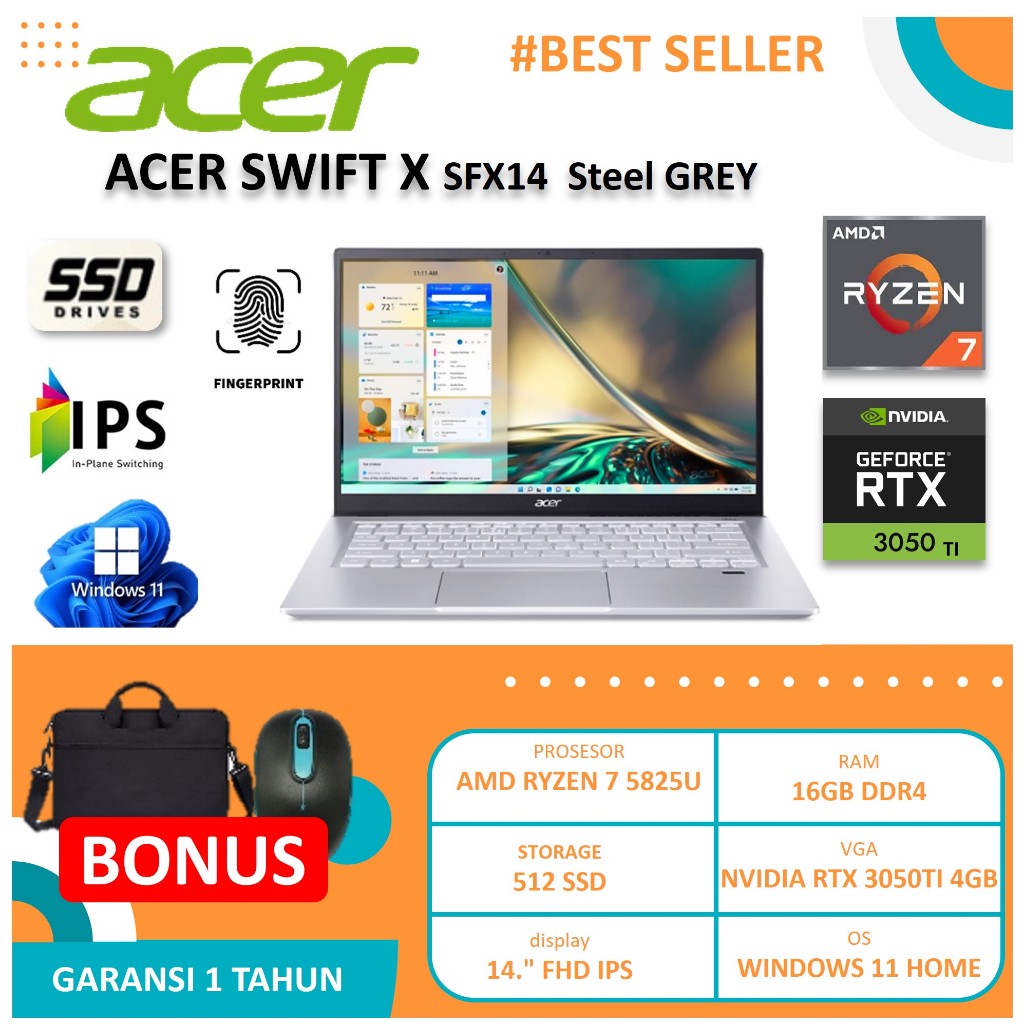 Laptop Gaming Acer Swift X Amd Ryzen 7 5825U 16GB RTX 3050ti 4GB IPS