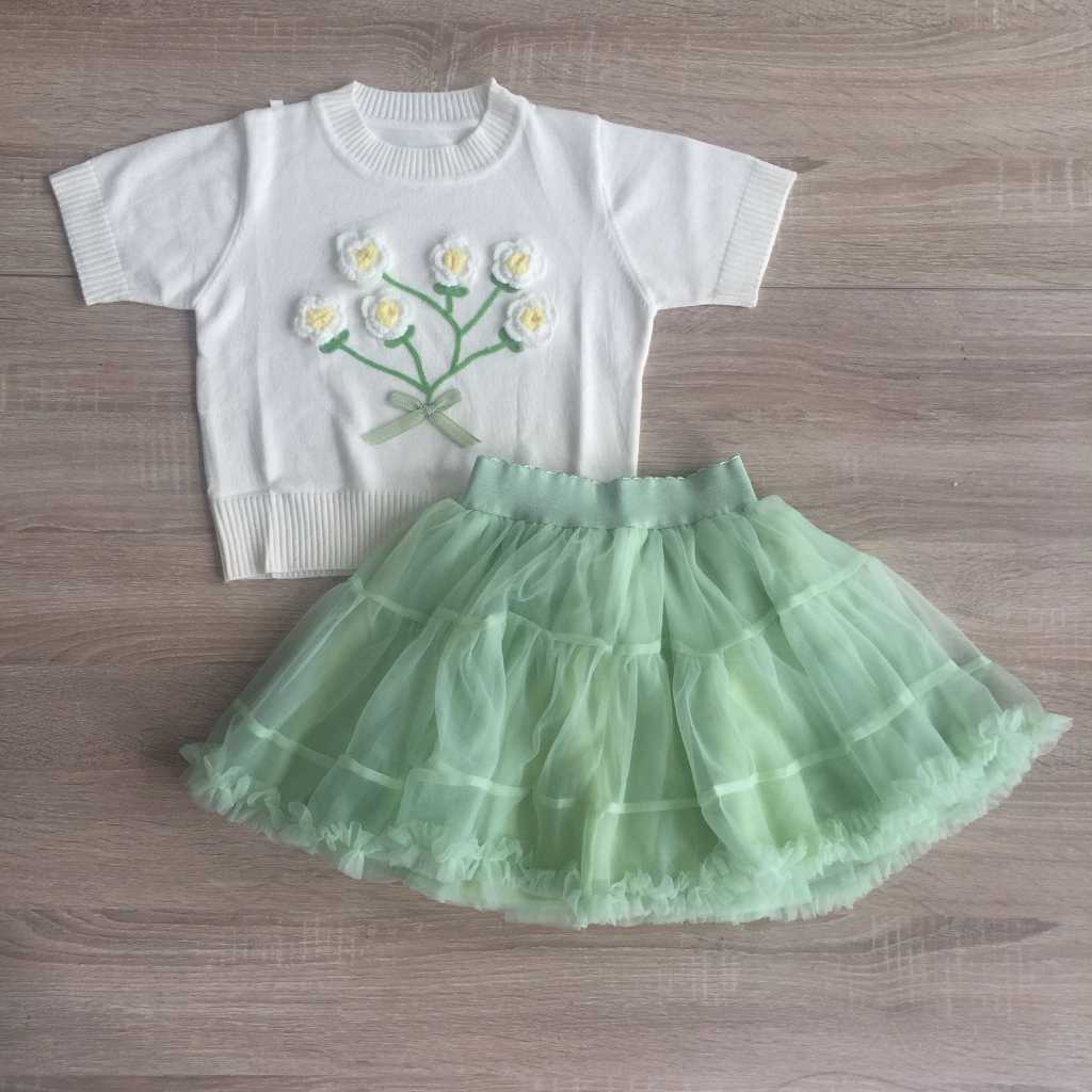 (2-9th) Setelan bunga rajut 3D kaos anak putih rok tutu hijau impor peticoat perempuan mewah