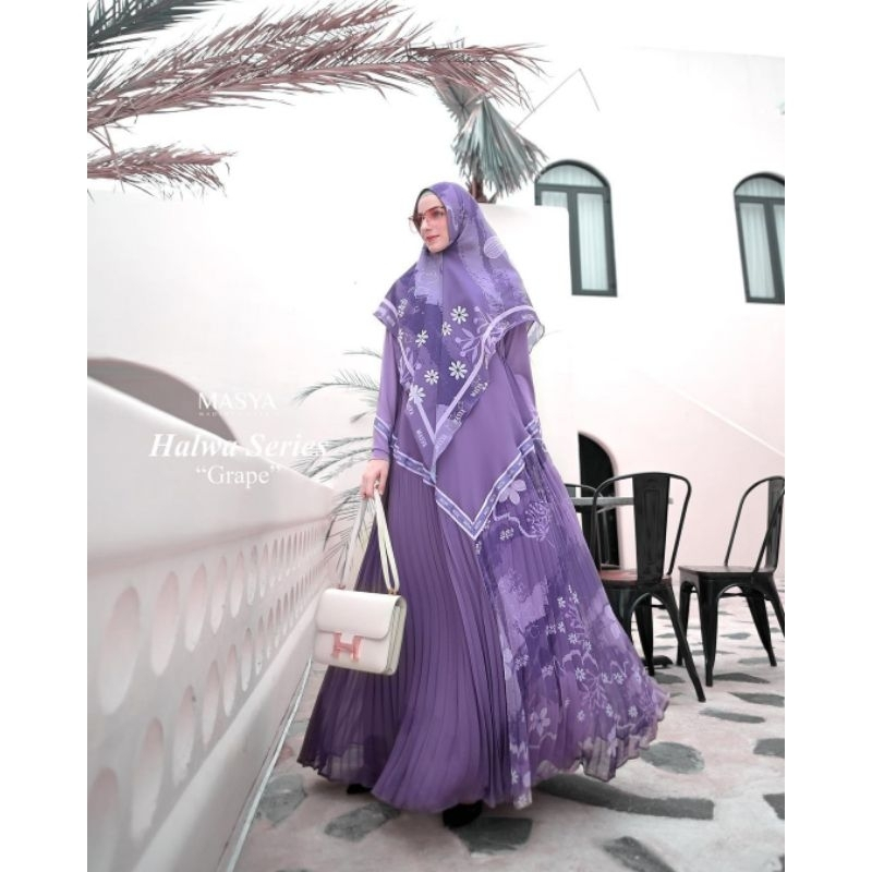 Set Gamis Dress Ceruty Babydoll Printing Premium Syari Branded Merah Maroon - Broken White - Ungu - 