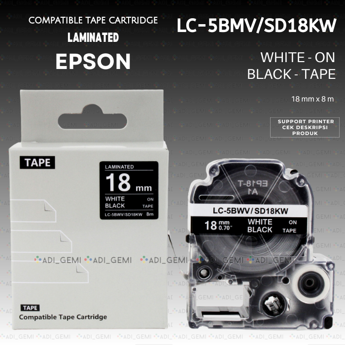 

Compatible TAPE Cartridge EPSON LC-5BWV SD18KW WHITE ON BLACK 18MM X 8M