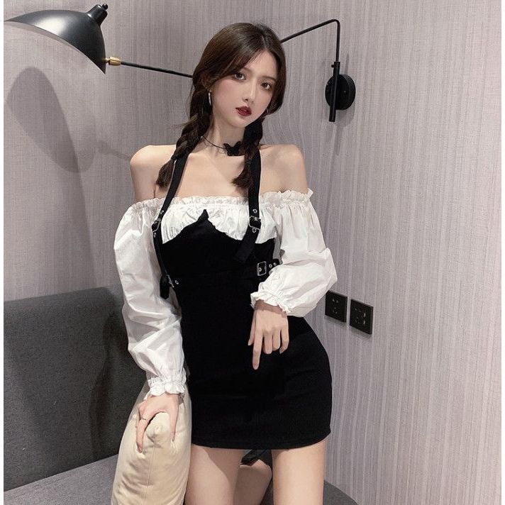 Dress pinggang lengan panjang satu bahu seksi