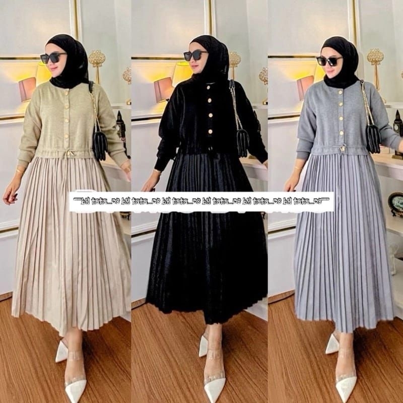 midi dress plisket kombinasi rajut