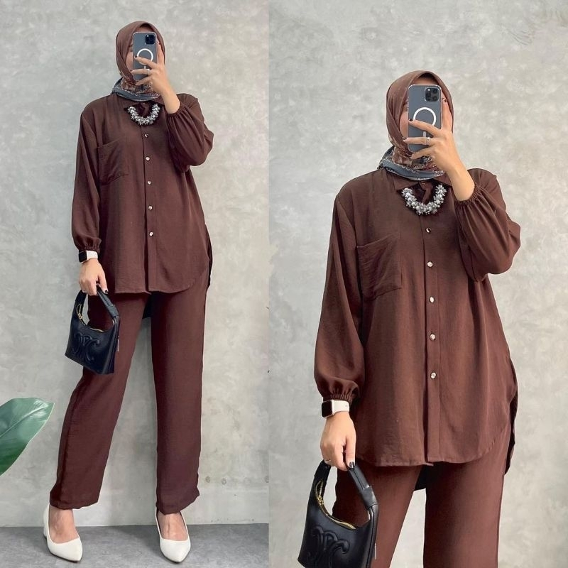 Amanda One Set Wanita Baju Setelan Crinkle Airflow Premium Polos