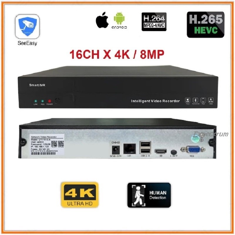 NVR 16CH / 16 CH 4K / 8MP, SeeEasy Support H 265+. P2P