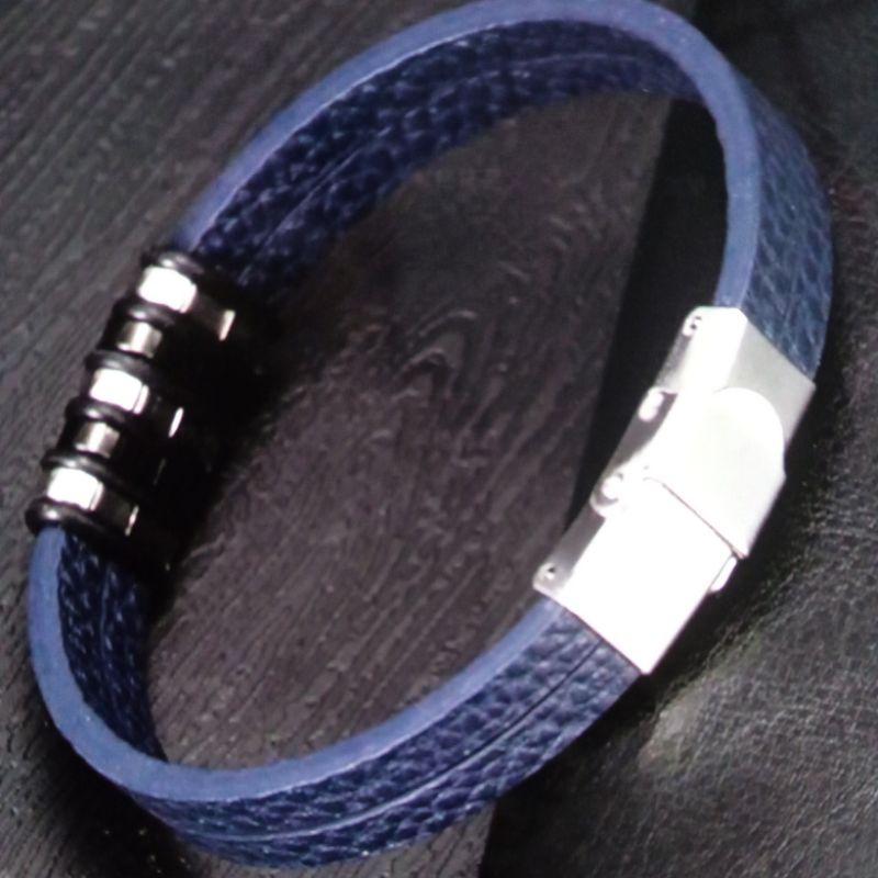 gelang kulit titanium pria wanita warna biru silver