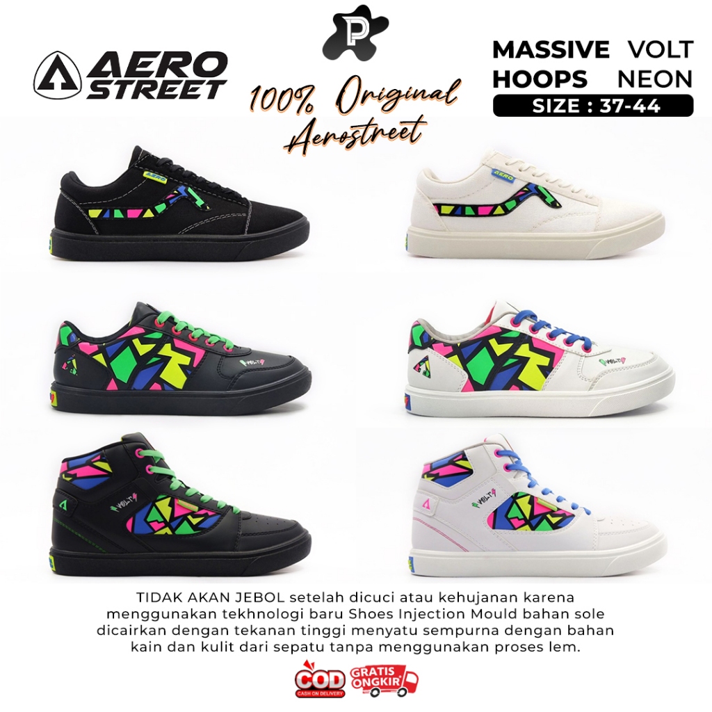 [ORIGINAL] Aerostreet 37-44 Massive Volt Hitam / Putih | Aerostreet 37-44 Hoops Neon Hitam / Putih -
