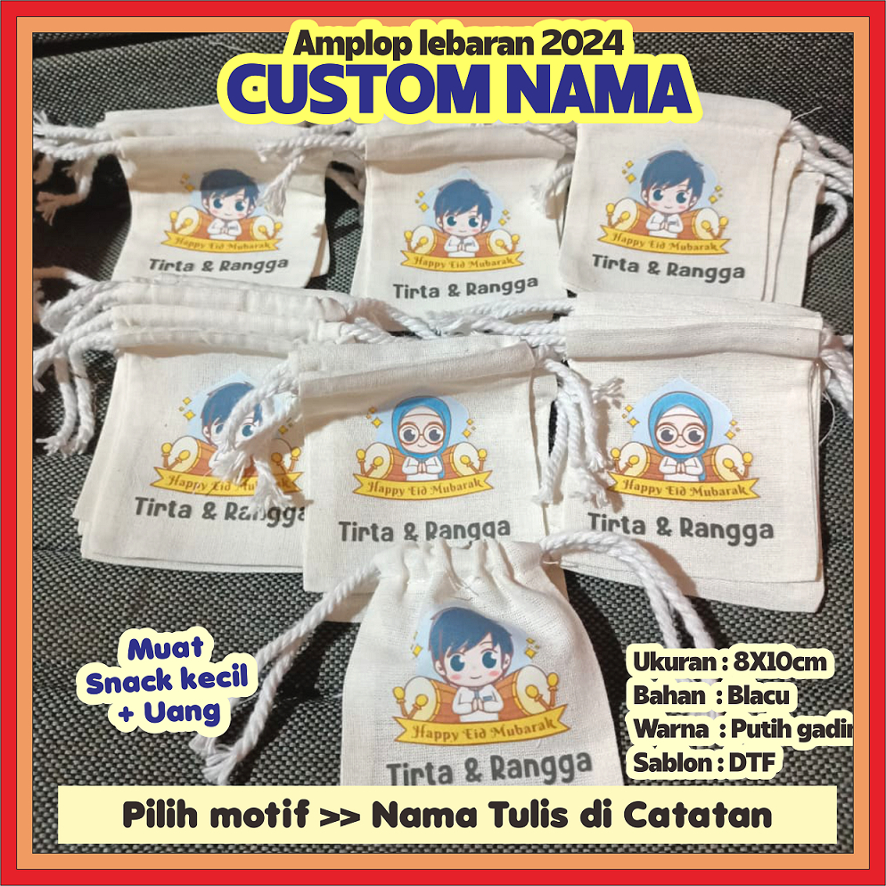 

Custom Nama | amplop lebaran | pouch serut bahan blacu full color | dompet lebaran | dompet angpao amplop idul fitri