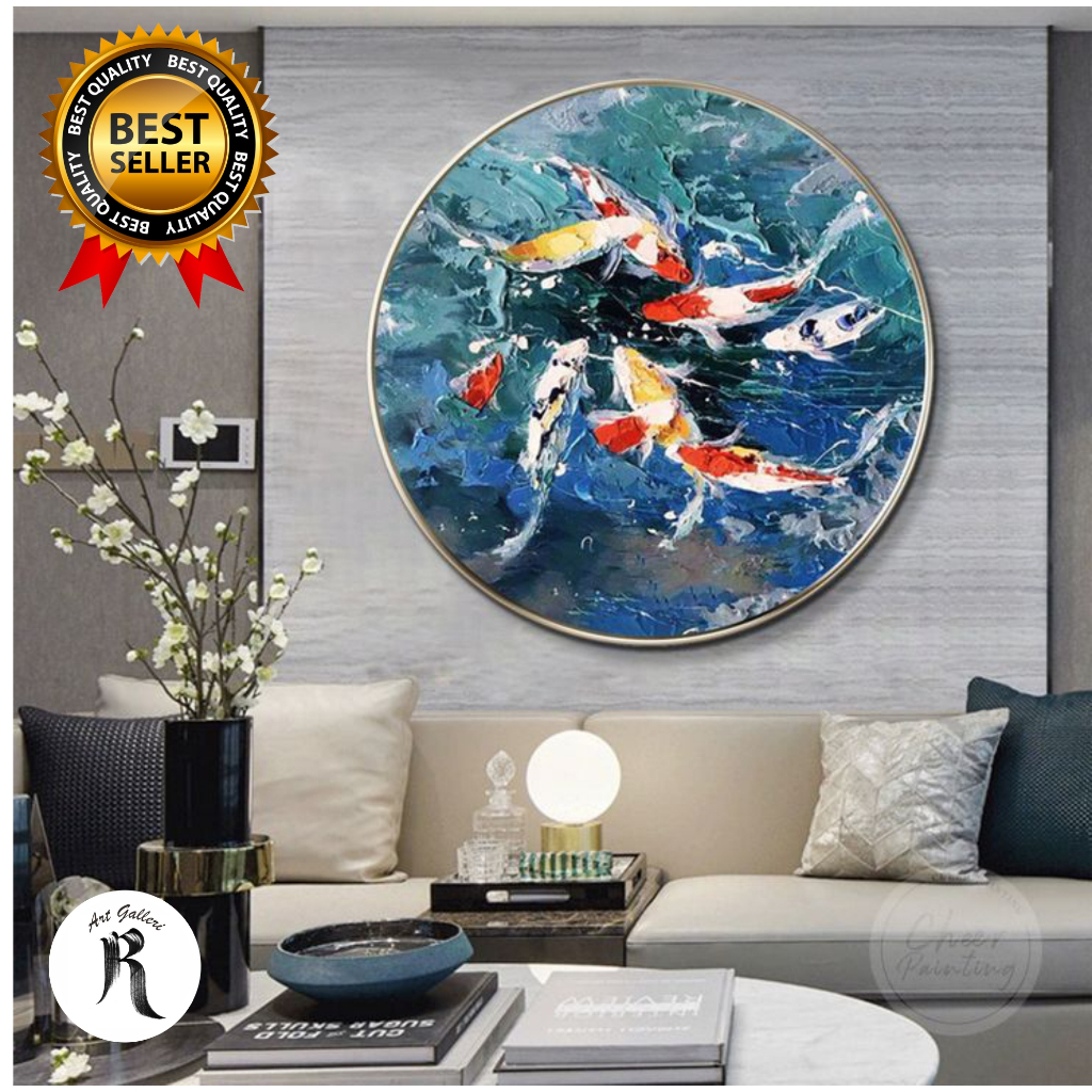 Lukisan kanvas bulat ikan koi 9 ekor fengshui abstrak - ikan koi teksture