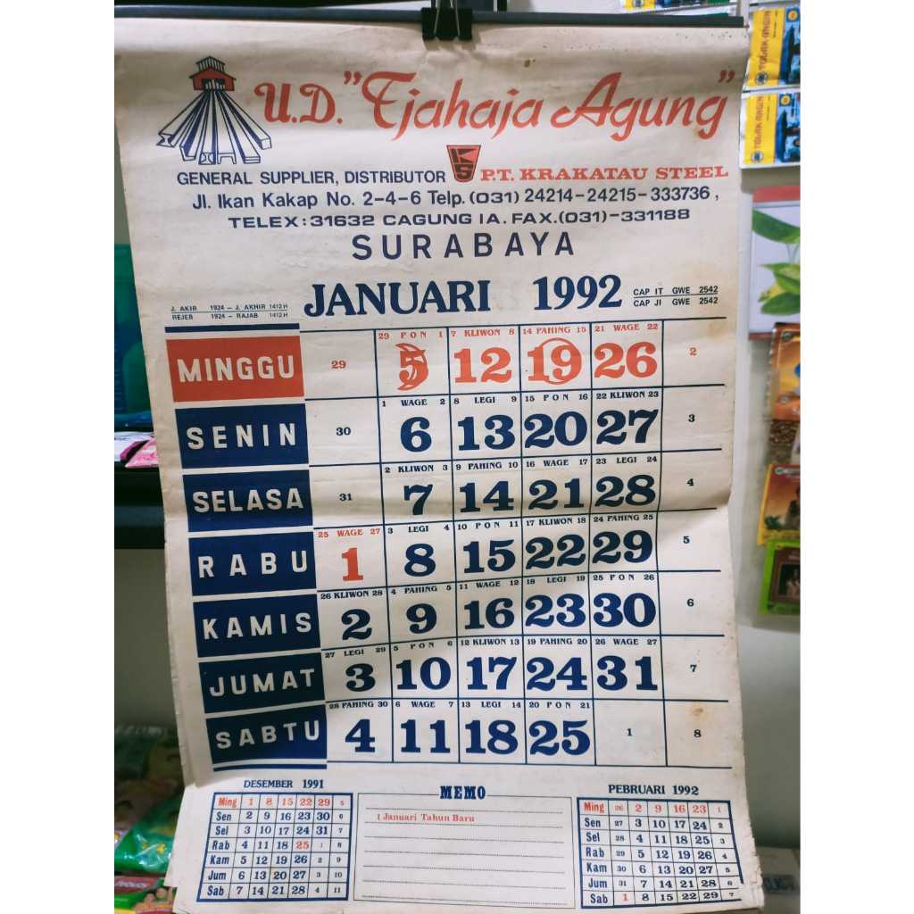 Kalender tahun 1992 koleksi jadul UD Tjhaja Agung