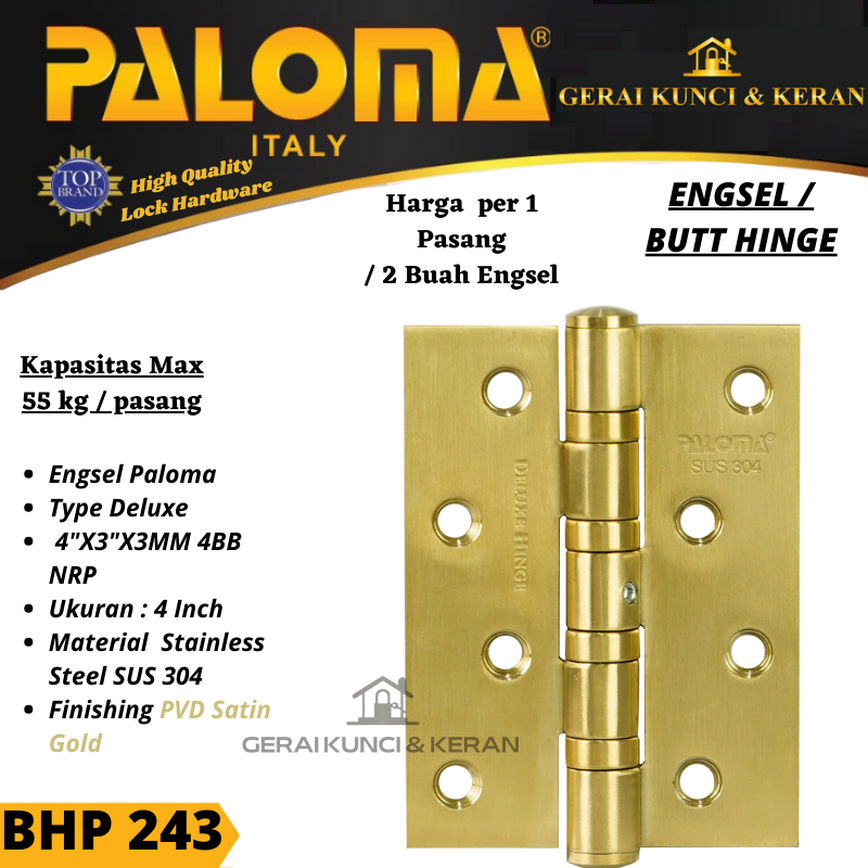 Engsel Pintu BHP 243 PALOMA 4 Inch 4"x3"x3MM 4BB NRP SATIN GOLD EMAS