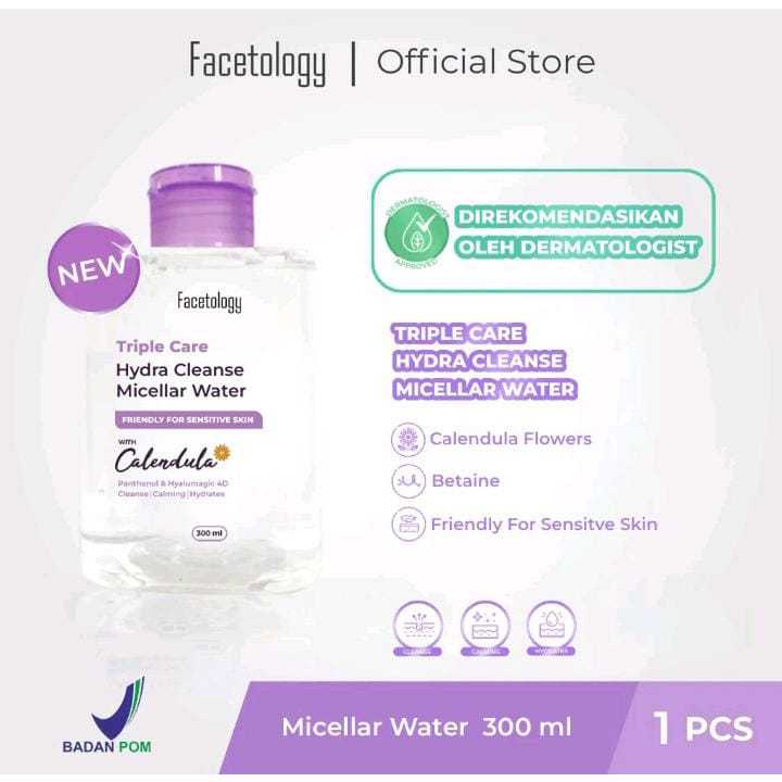 Facetology Triple Care Hydra Cleanse Micellar Water 300 ML Pembersih Wajah Sensitive Skin Original BPOM ( 300ML )