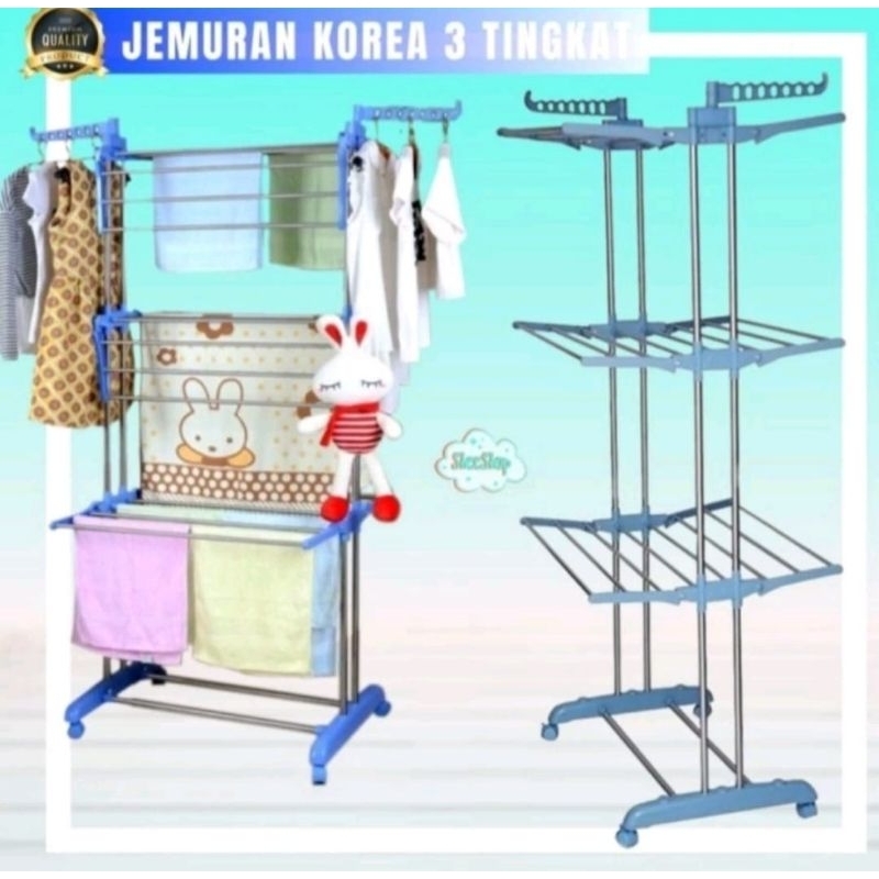 Jemuran Korea Rak Susun 3 Tingkat / 3 Susun Jemuran Menara Laundry Baju Bayi Stand Hanger Serbaguna
