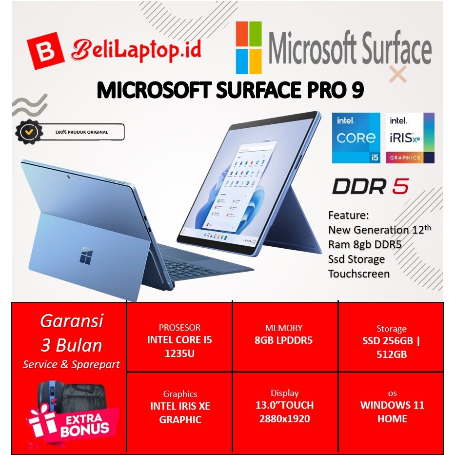 Microsoft surface Pro 9 Intel Core I5 Gen 12 16GB DDR5 512GB