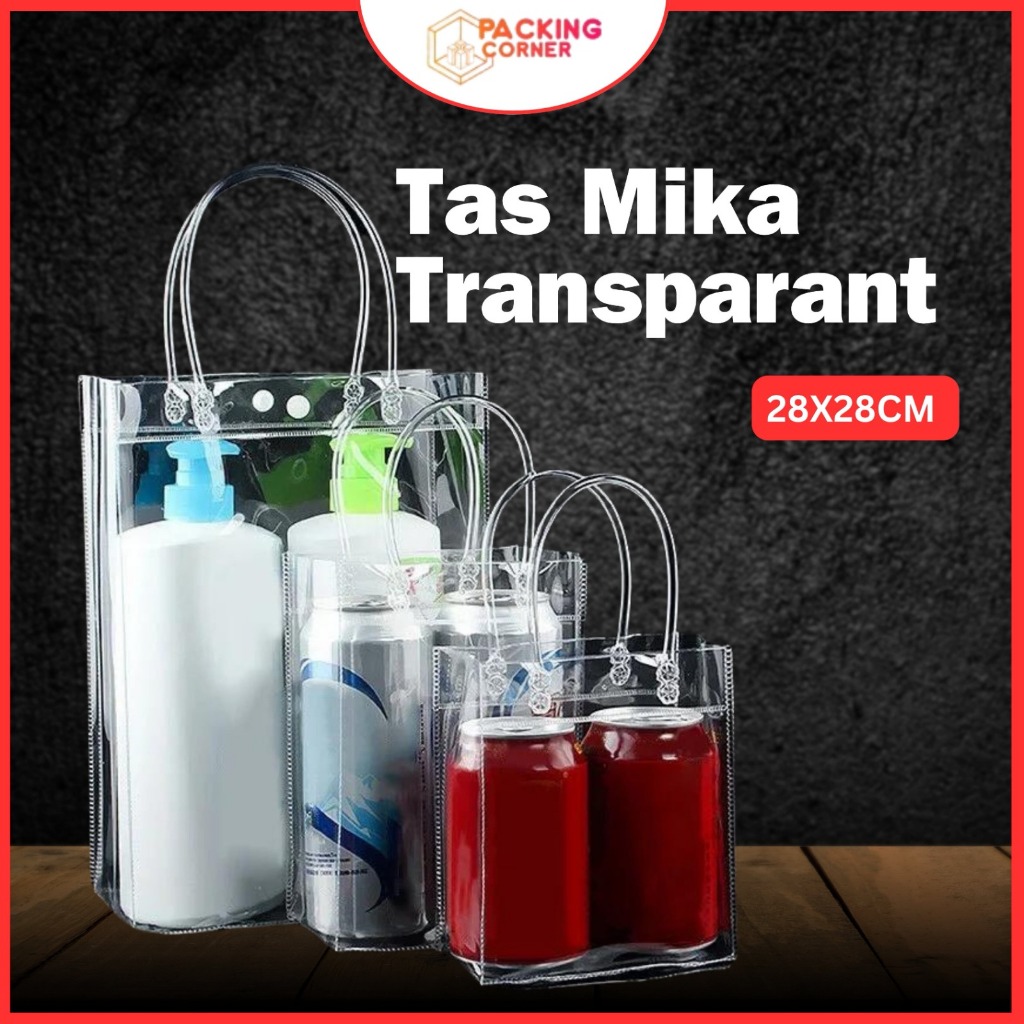 

Tas Mika Bening Plastik 28x28 cm Goodiebag Transparan PVC 28x28x10 cm Tas Hampers Ultah Snack Suovenir Lebaran