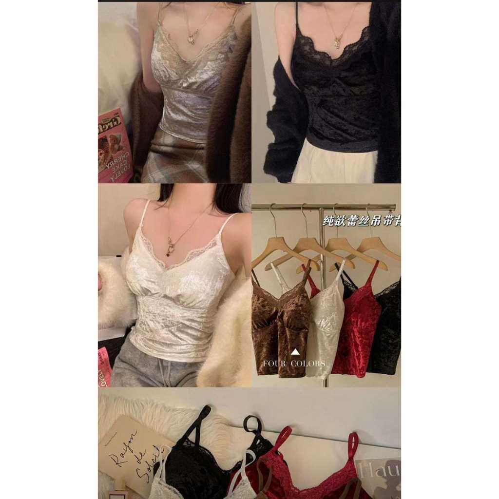 Tanktop Brenda Tan top atasan bludru Wanita Renda Kamisol Seksi tanktop Bahan Velvet mewah , elegant