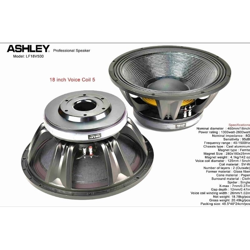 SPEAKER 18 INCH SPEAKER BASS LOW SUBWOOFER ASHLEY 18V500 VOICE COIL 5 INCH