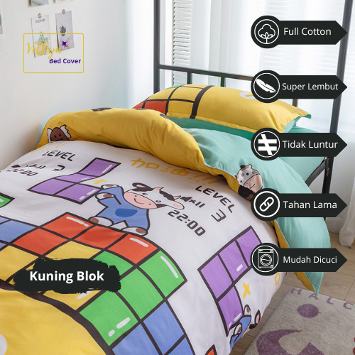 Bedcover Velliya Cotton Set Premium Motif Sapi Kuning Size 150x190x40 180x190x40