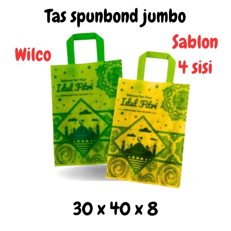 

(lusinan 12 pcs) tas spunbond idul Fitri murah Wilco /tas kain spunbond murah 30 x 40 x 8 tebal sablon 4 sisi/tas hampers jumbo tebal